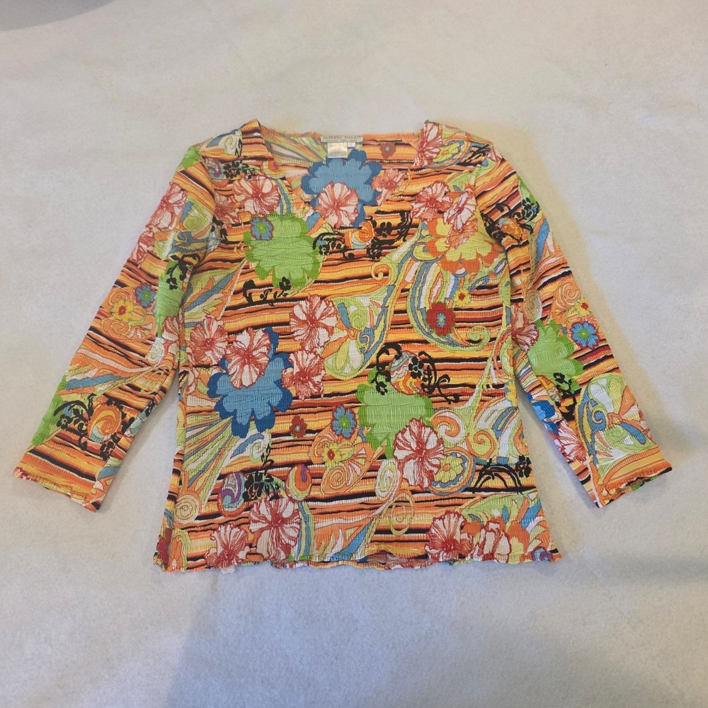 Alberto Makali Womens Small Floral Crinkle Pleated V-Neck 3/4 Sleeve Blouse‎ Top